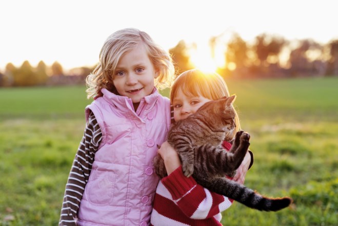 To jenter som står tett sammen og holder en katt i solnedgang